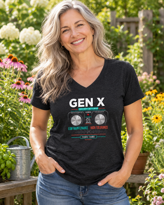 Gen X: Low Maintenance, High Tolerance Women’s V-Neck Tee